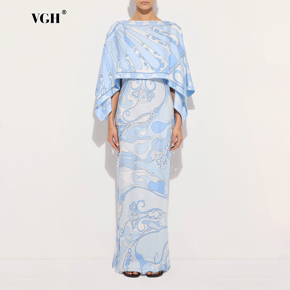 Women'S Formal Wear Suits - VGH ライトブルーの抽象柄プリントツーピースセット、女性用ボディコンドレススーツ、ボートネック、ゆったりデザインのケープ付き、結婚式のゲストやガラに最適