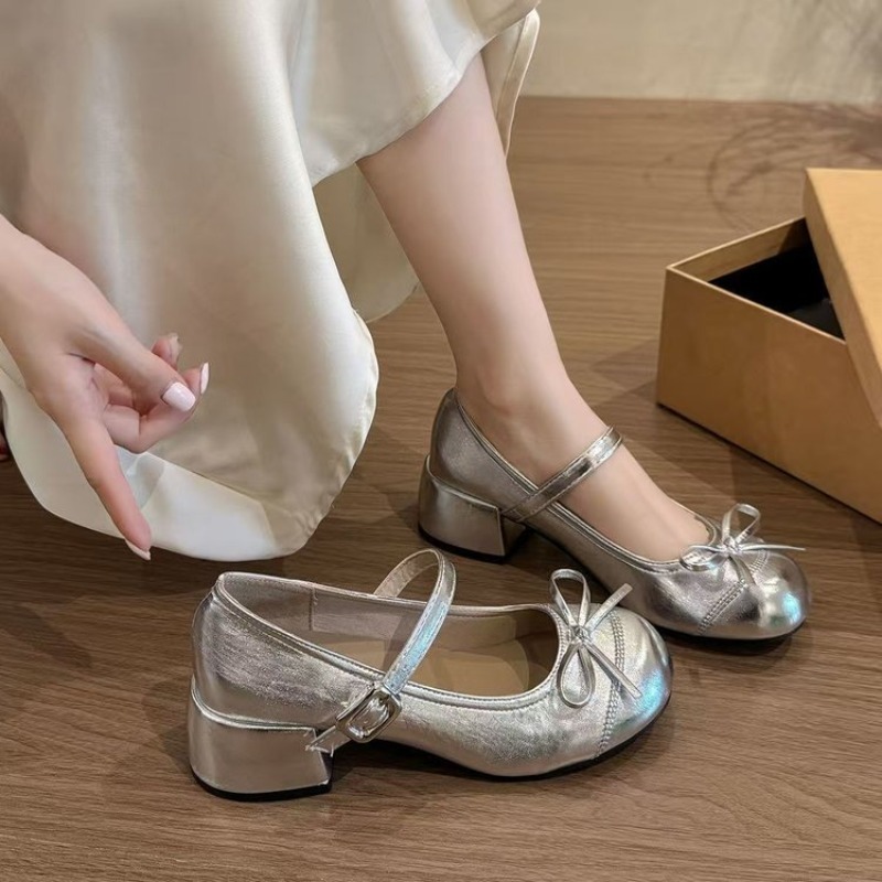 Women'S Work Fashion - レディース メリージェーンシューズ ラウンドトゥ ブロックヒール バックルストラップ リボン飾り