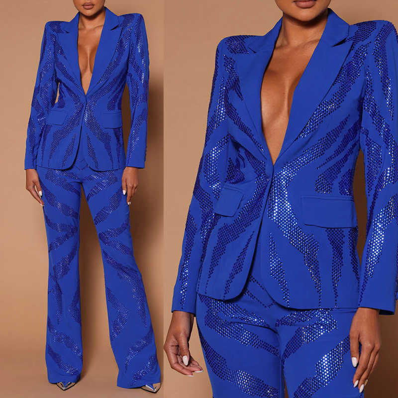 Women Formal Wear For Plus Size - カスタマイズされたスパンコール付きレディーススリムパンツスーツ2ピースプラスサイズフォーマルプロムイブニングパーティーファッションウェアアウトフィット