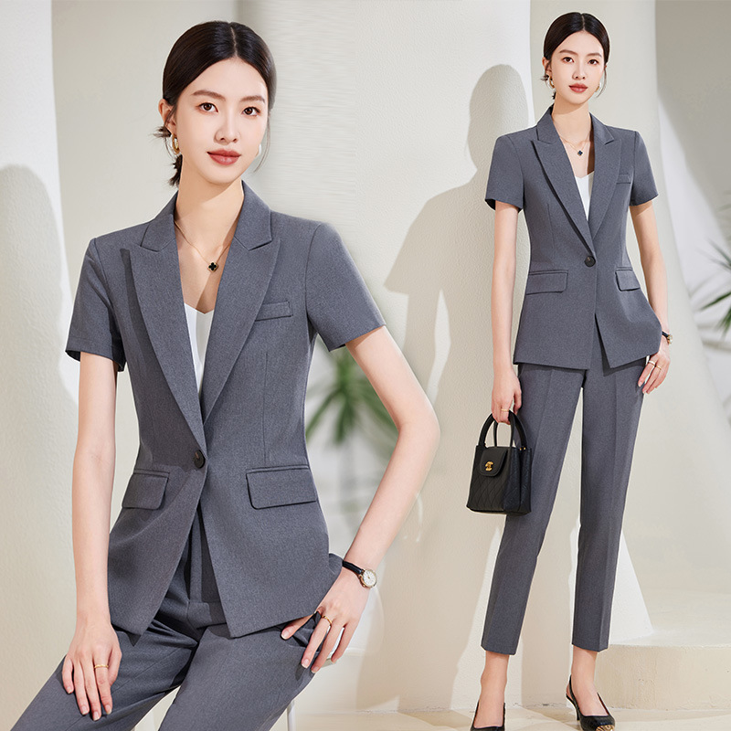 Women Formal Wear Store - ネイビーブルーの半袖スーツセット（女性用）、夏用薄手プロフェッショナルブレザー、夏用フォーマルウェア、ホテルや宝石店での仕事に