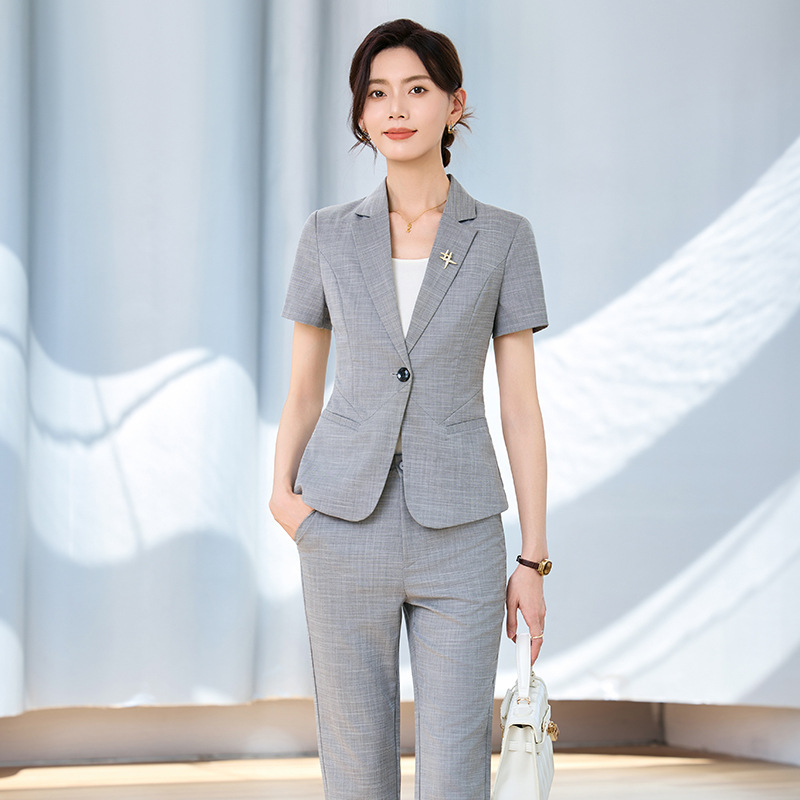 Women Formal Wear For Interview - 女性用春夏半袖スーツセット、面接用プロフェッショナルウェア、ビジネスフォーマルウェア、グレーのワークウェア、h