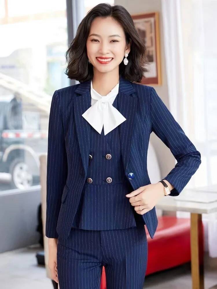 Women Formal Wear For Interview - ファッションストライプ柄フォーマルビジネススーツ女性用プロフェッショナルオフィスワークウェアブレザー秋冬キャリア面接服