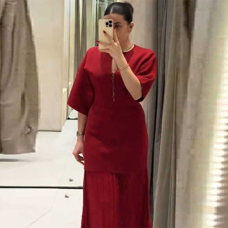 Women Formal Wear With Skirt - 女性のエレガントなバーガンディプリーツマキシドレスシックなスプリットスリーブトップスカートセット半袖ガウンフォーマルイブニングパーティーカクテルウェア