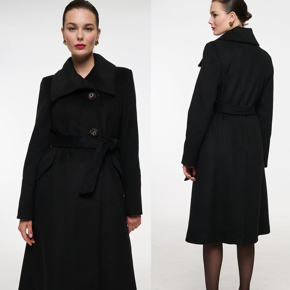 Women Formal Wear For Plus Size - ヴィンテージ風黒スタンドカラー女性用ウールコート、プラスサイズロングオーバーコートジャケット、ベルト付き、カスタムメイドフォーマルウェア、暖かい厚手の衣装