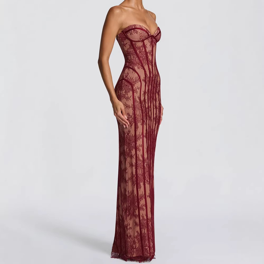 Women Formal Wear For Party - ストラップレスボディコンマキシドレス レディース 2026 ストライプ柄 バックレス エレガント