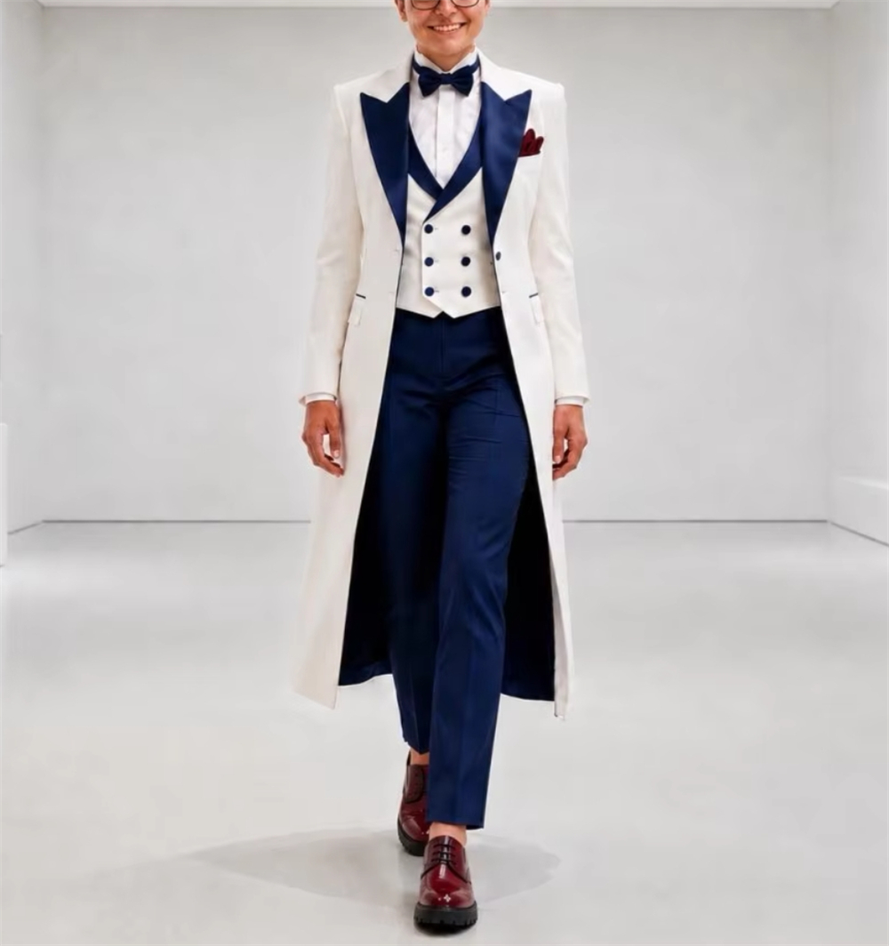 Women'S Formal Wear Suits - ネイビーブルーとホワイトのレディースジャケットスーツ エレガントなテーラードオフィスウェア 結婚式ゲスト用衣装 レディースブレザー（ジャケットのみ）