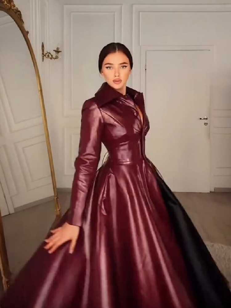 レディース ワインレッド フェイクレザー ロングオーバーコー - Women Formal Wear For Party のレビューと価格