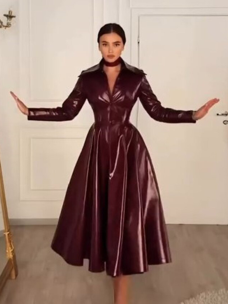 レディース ワインレッド フェイクレザー ロングオーバーコー - Women Formal Wear For Party のレビューと価格