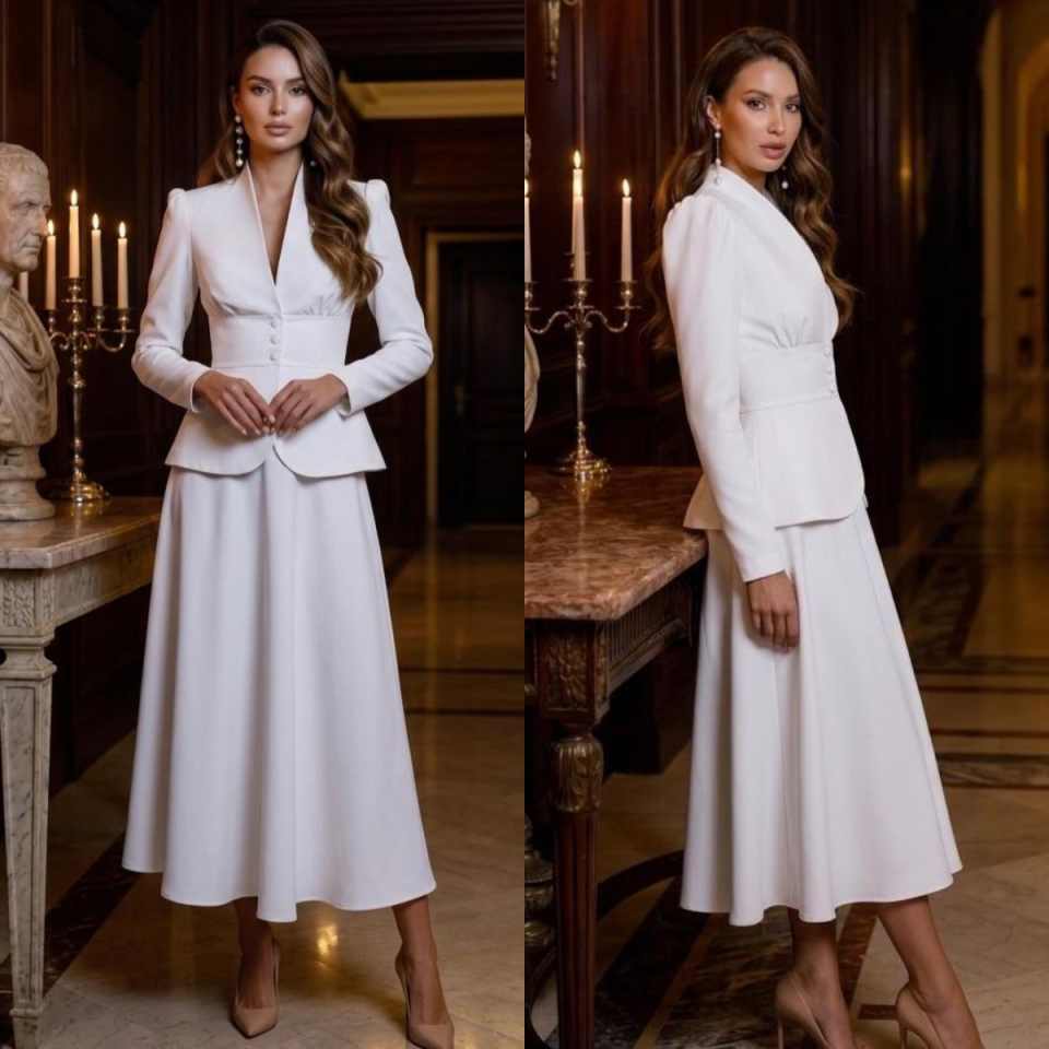 エレガントなツーピース女性スーツセットピークドラペルブレザー - Women Formal Wear With Skirt のレビューと価格