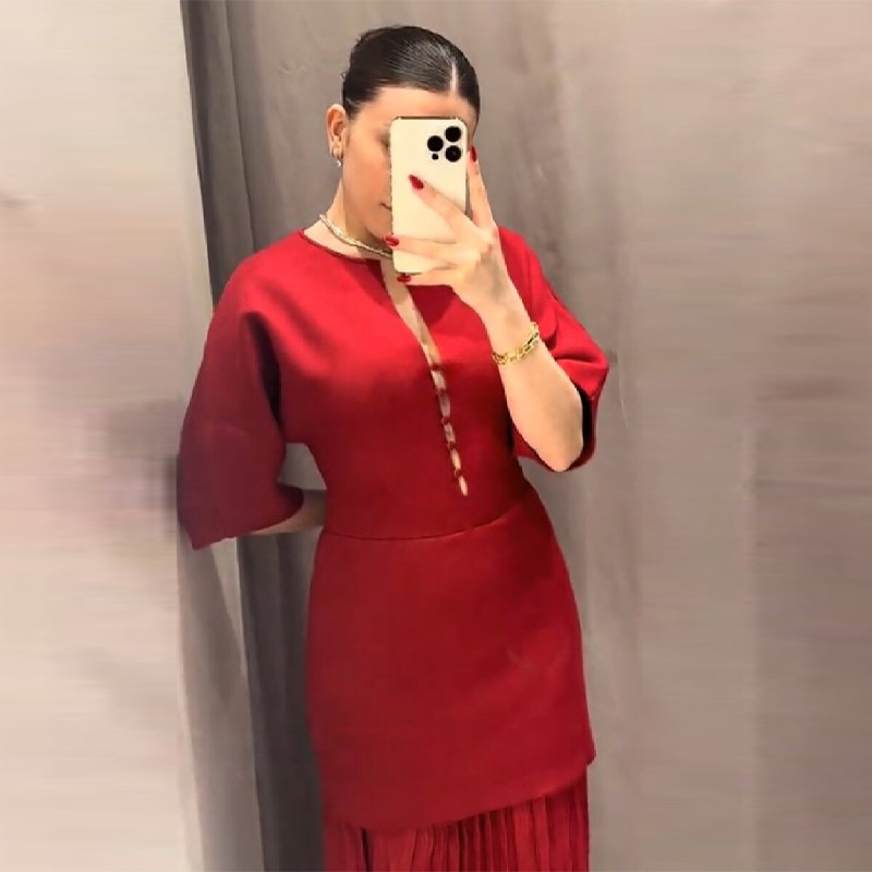 女性のエレガントなバーガンディプリーツマキシドレスシックなス - Women Formal Wear With Skirt のレビューと価格