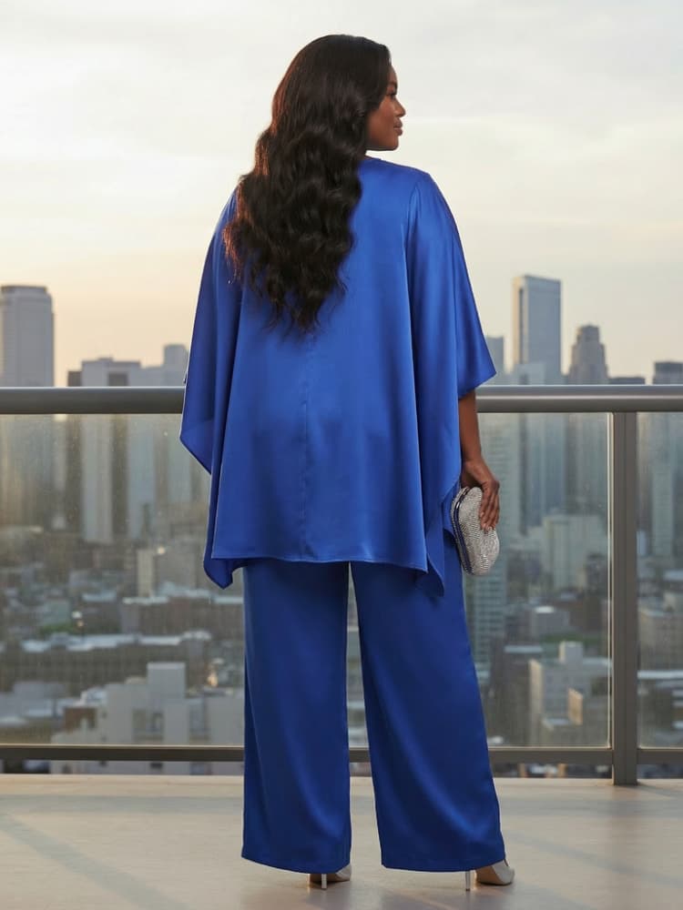 プラスサイズのラウンドネックケープスリーブトップ+ワイドレッ - Women'S Formal Wear Suits のレビューと価格
