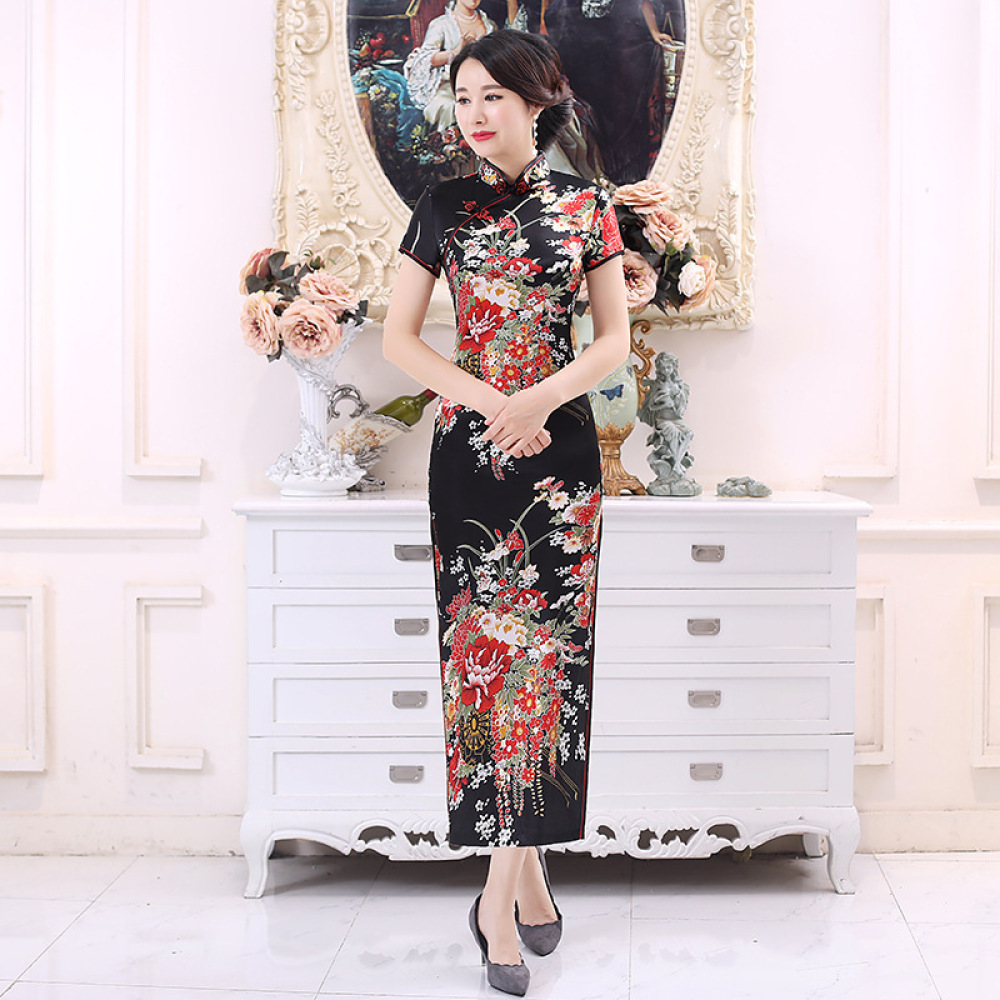 クラシックなサテンチャイナドレス、花柄プリント、女性用エレガ - Women Formal Wear For Plus Size のレビューと価格